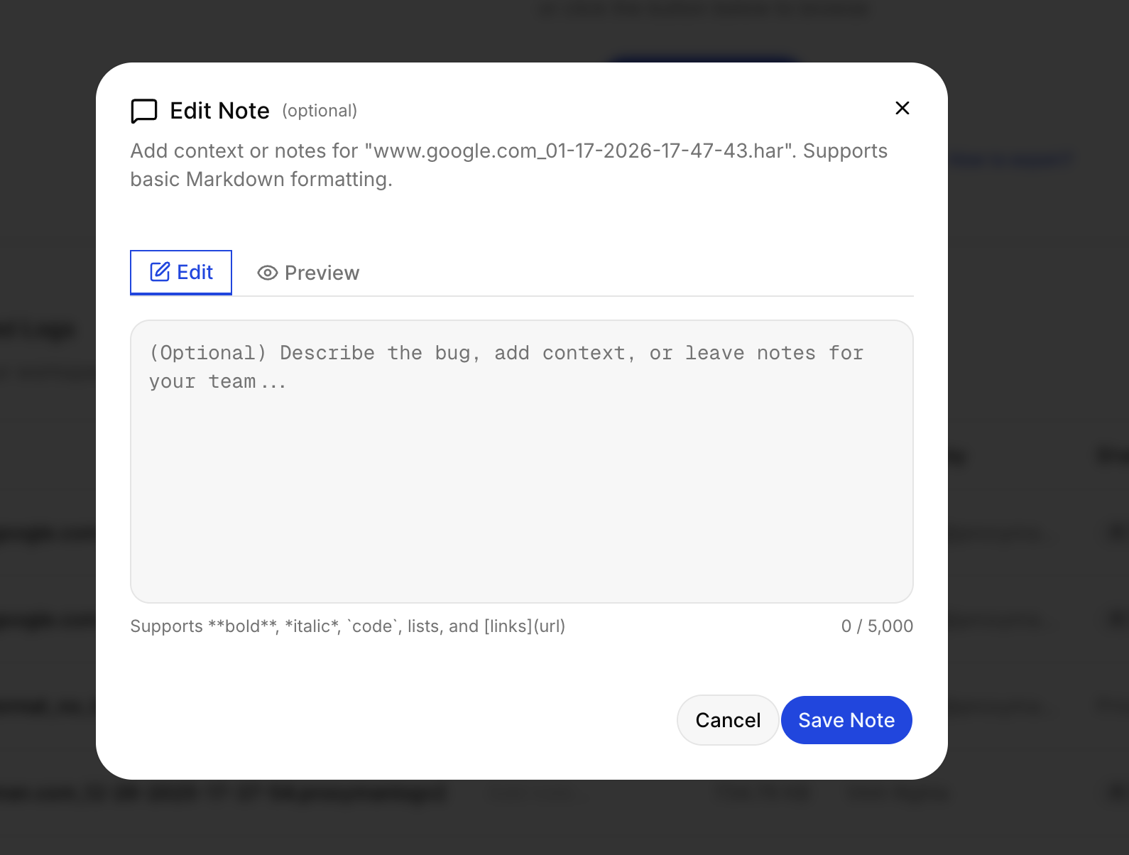 Add note to your log