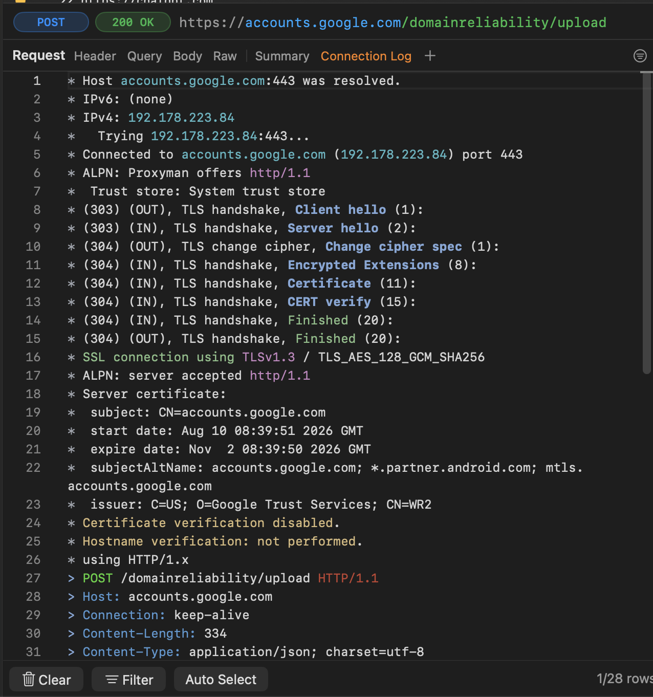 Connection Log in the Request panel showing DNS results, a TLS handshake, certificate details, and request headers